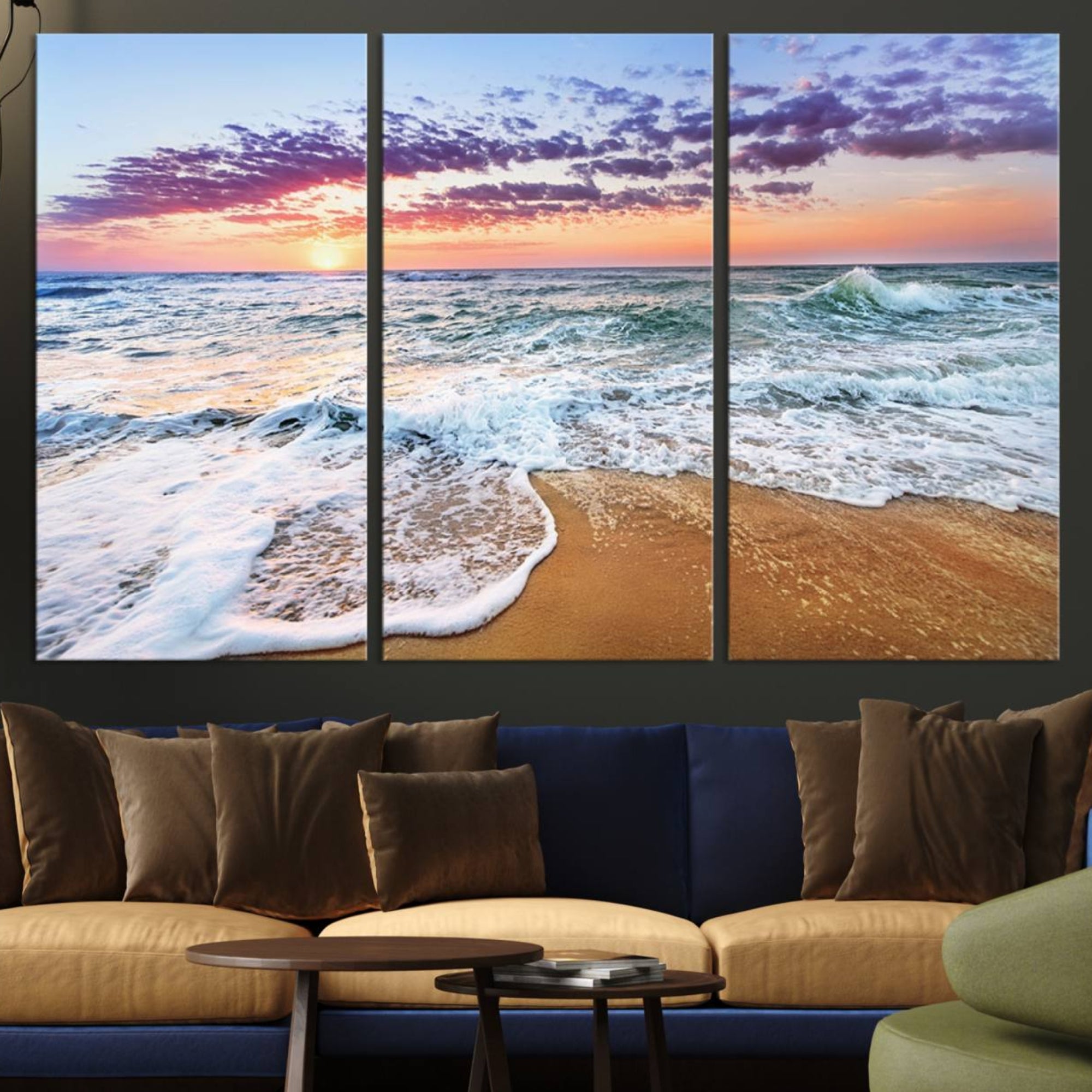 44120-MGV-CV-36X24-Vivid Sunset Ocean Waves Wall Art Print, Coastal Beach Canvas Print, Triptych Sunset Beach Art for