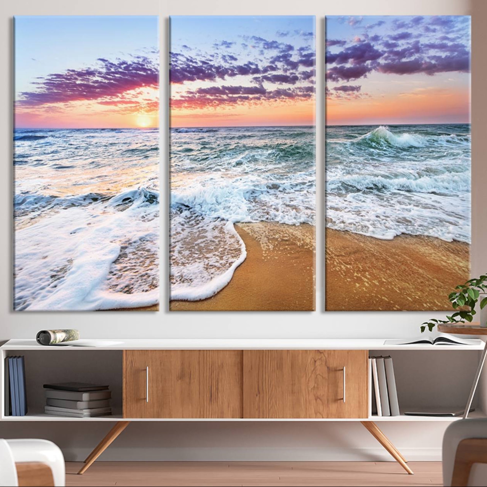 44120-MGV-CV-36X24-Vivid Sunset Ocean Waves Wall Art Print, Coastal Beach Canvas Print, Triptych Sunset Beach Art for