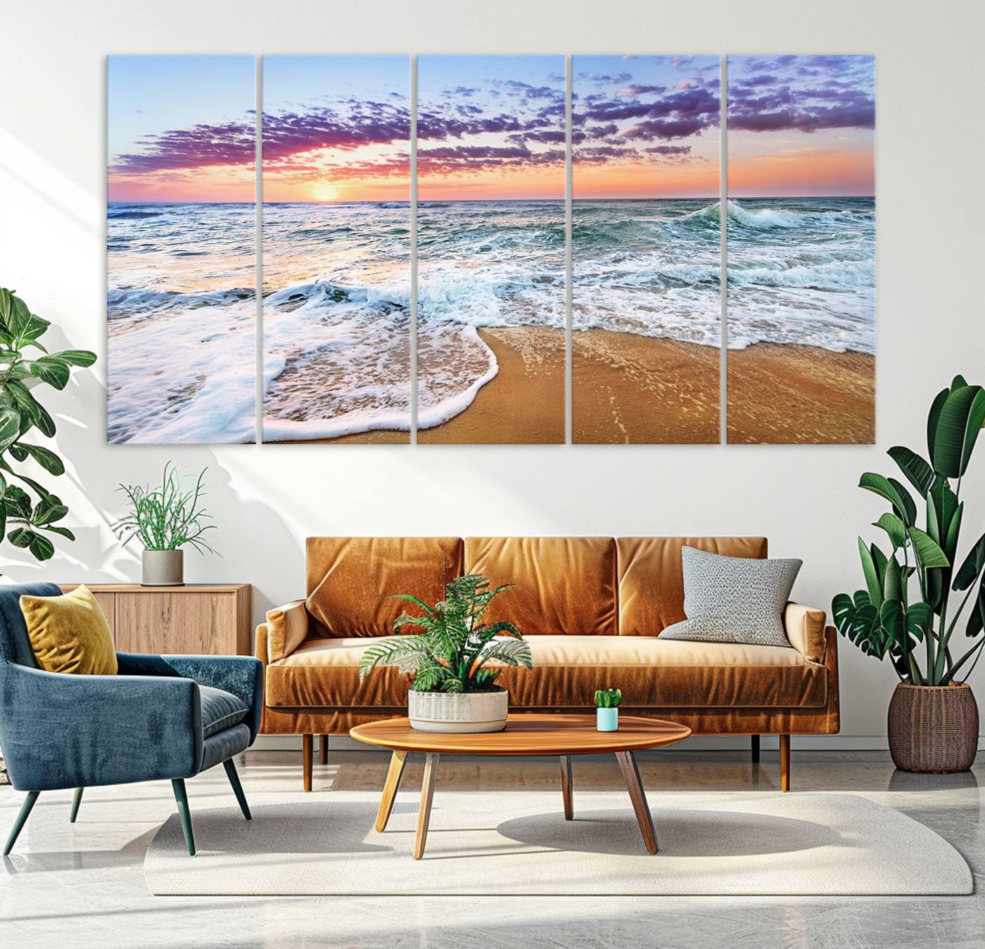 44120-MGV-CV-36X24-Vivid Sunset Ocean Waves Wall Art Print, Coastal Beach Canvas Print, Triptych Sunset Beach Art for