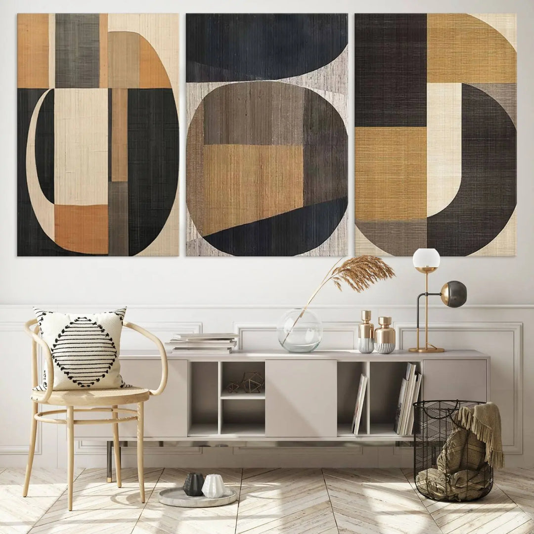 Modern living room featuring the Wabi Sabi Abstract Geometric Wall Art Canvas Print with minimalist shapes complemented by neutral tones, showcasing contemporary artistry.