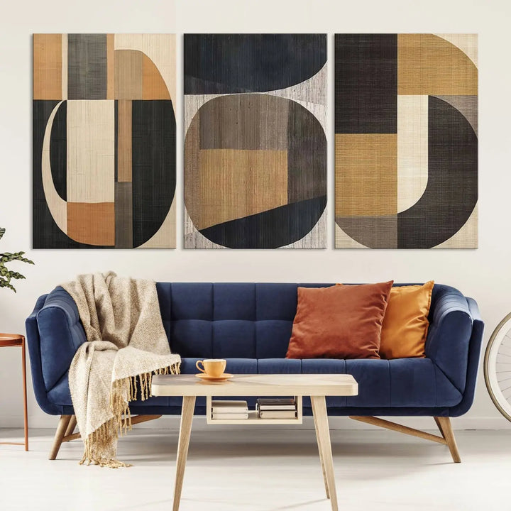 Modern living room featuring the Wabi Sabi Abstract Geometric Wall Art Canvas Print with minimalist shapes complemented by neutral tones, showcasing contemporary artistry.