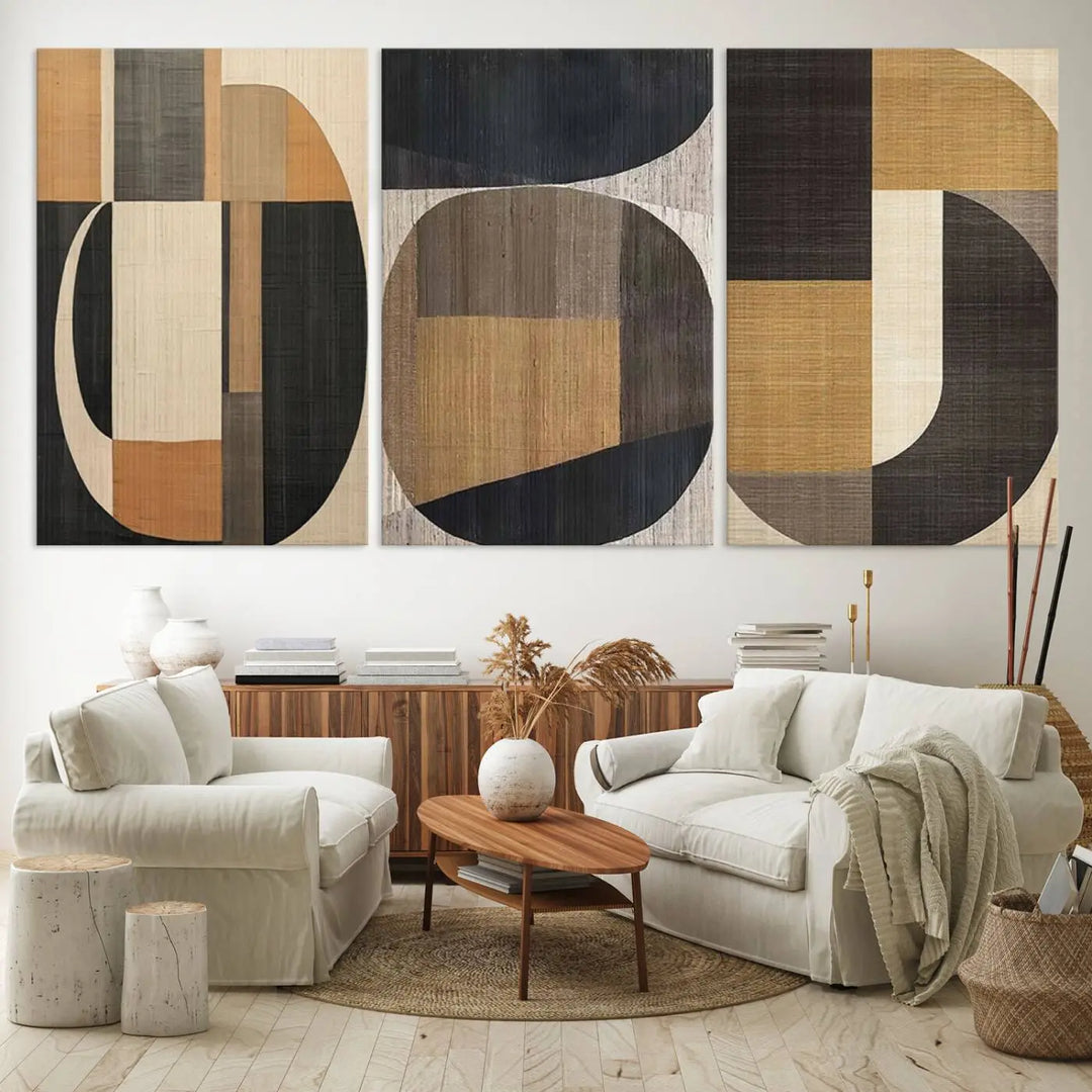 Modern living room featuring the Wabi Sabi Abstract Geometric Wall Art Canvas Print with minimalist shapes complemented by neutral tones, showcasing contemporary artistry.