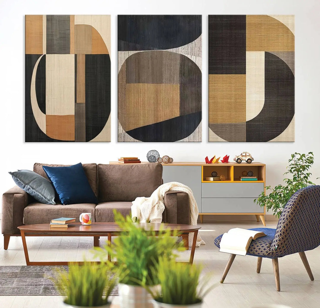 Modern living room featuring the Wabi Sabi Abstract Geometric Wall Art Canvas Print with minimalist shapes complemented by neutral tones, showcasing contemporary artistry.