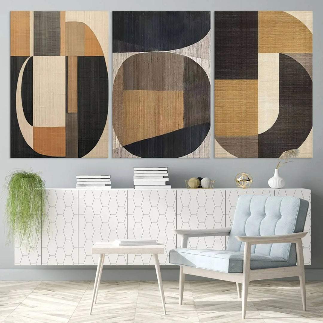 Modern living room featuring the Wabi Sabi Abstract Geometric Wall Art Canvas Print with minimalist shapes complemented by neutral tones, showcasing contemporary artistry.