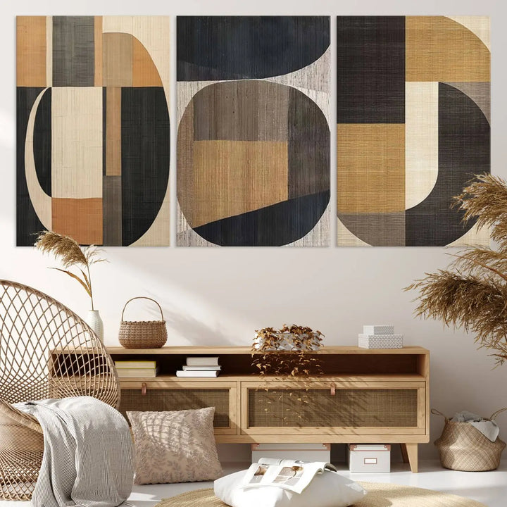 Modern living room featuring the Wabi Sabi Abstract Geometric Wall Art Canvas Print with minimalist shapes complemented by neutral tones, showcasing contemporary artistry.