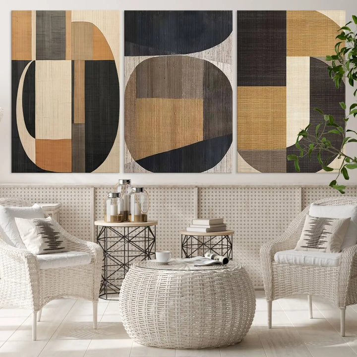 Modern living room featuring the Wabi Sabi Abstract Geometric Wall Art Canvas Print with minimalist shapes complemented by neutral tones, showcasing contemporary artistry.