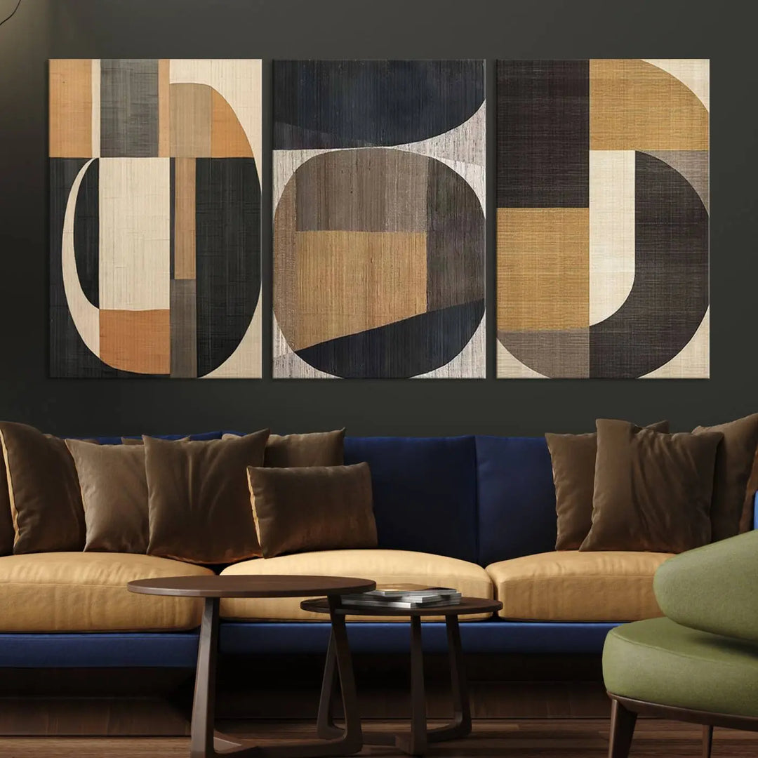 Modern living room featuring the Wabi Sabi Abstract Geometric Wall Art Canvas Print with minimalist shapes complemented by neutral tones, showcasing contemporary artistry.