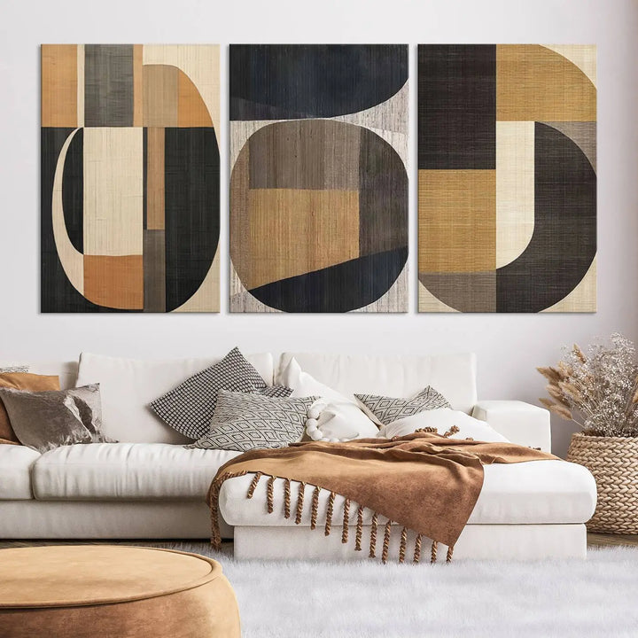 Modern living room featuring the Wabi Sabi Abstract Geometric Wall Art Canvas Print with minimalist shapes complemented by neutral tones, showcasing contemporary artistry.