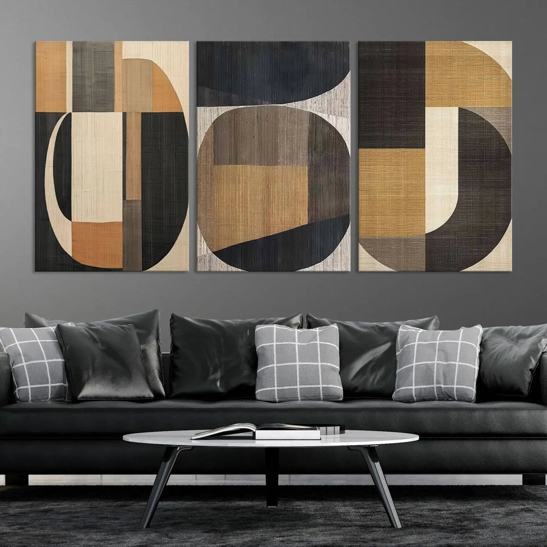 Modern living room featuring the Wabi Sabi Abstract Geometric Wall Art Canvas Print with minimalist shapes complemented by neutral tones, showcasing contemporary artistry.