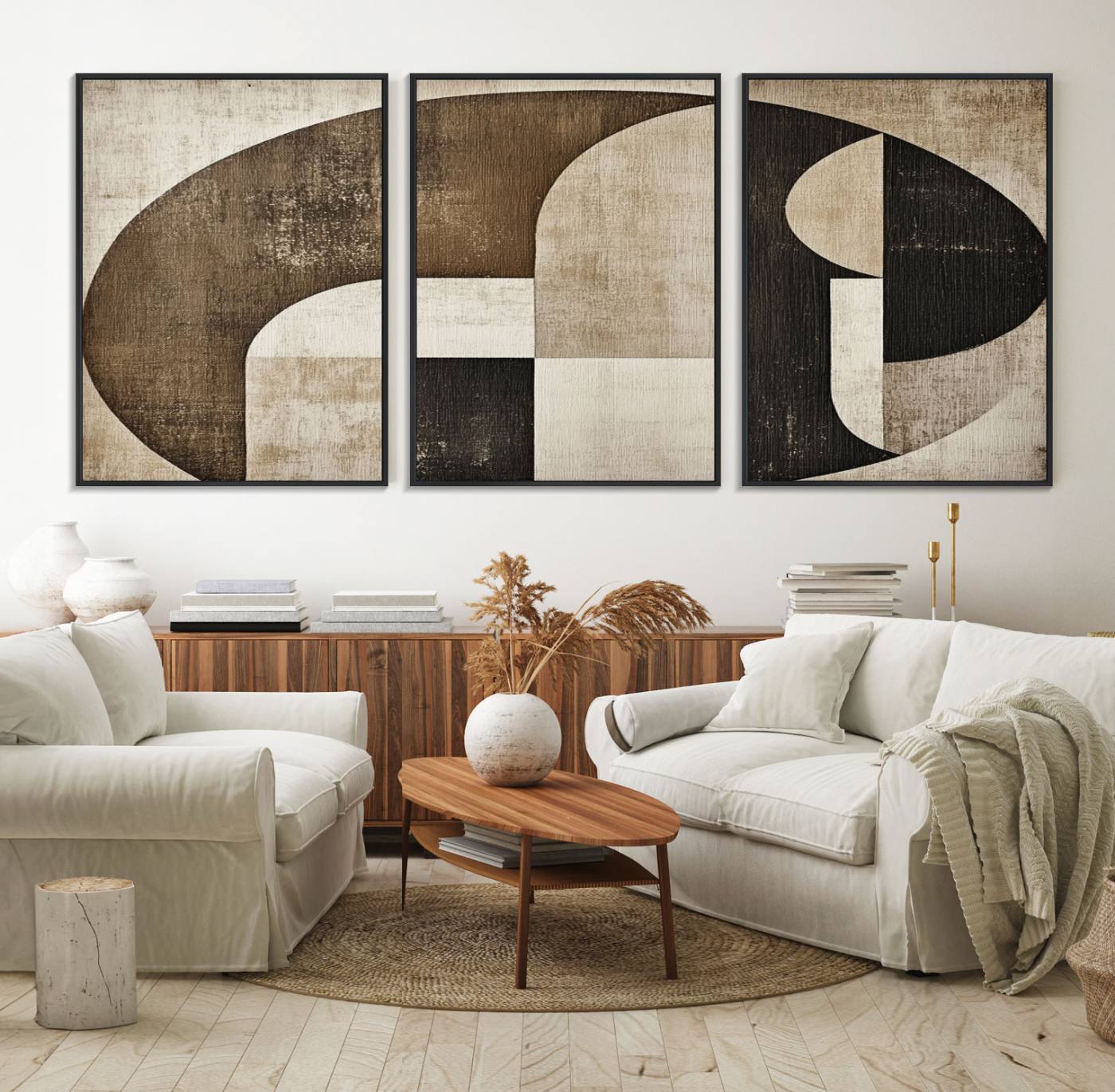 44796-MGV-FC-60X30-3P_Black-Wabi Sabi Abstract Wall Art | Geometric Modern Minimalist Canvas Print with Neutral Mid Century Art