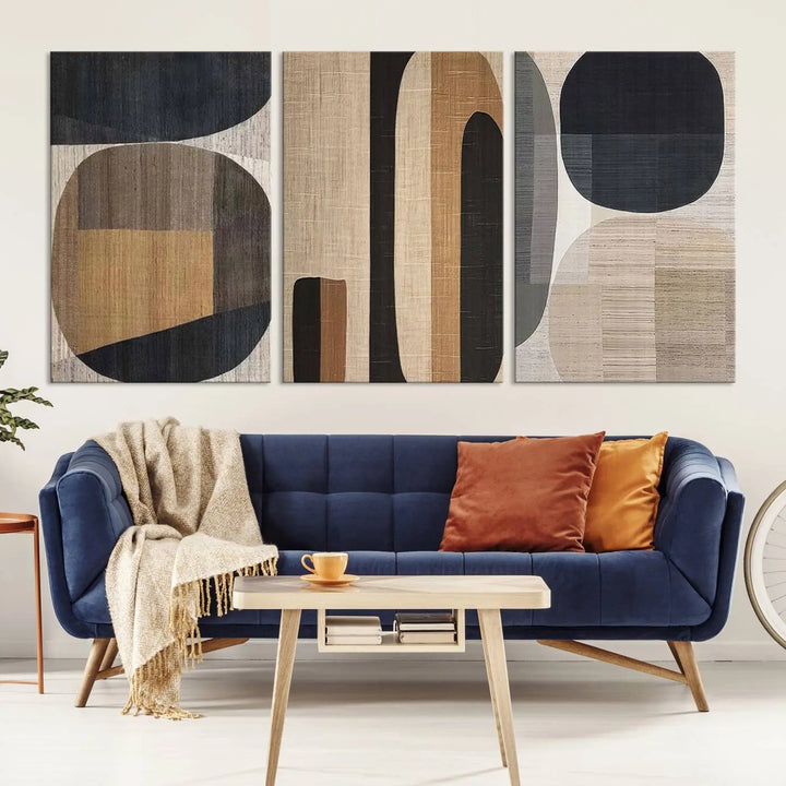 Modern living room featuring the Wabi-Sabi Geometric Abstract Wall Art Canvas Print with minimalist earthy tones.