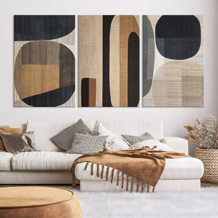 Modern living room featuring the Wabi-Sabi Geometric Abstract Wall Art Canvas Print with minimalist earthy tones.