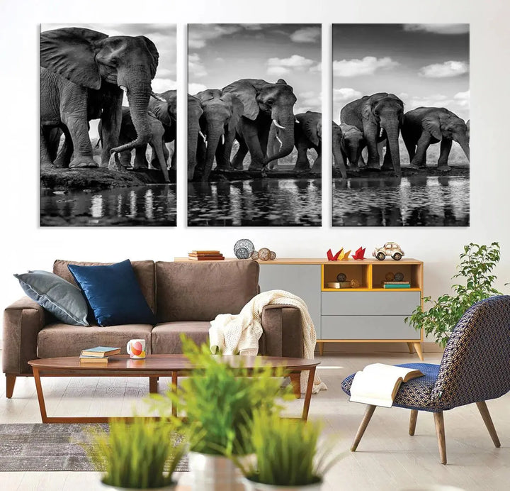 A stunning "Wall Art Animal Canvas Print" featuring a black and white photo of a herd of elephants drinking water is elegantly displayed, gallery wrapped on museum-quality canvas.