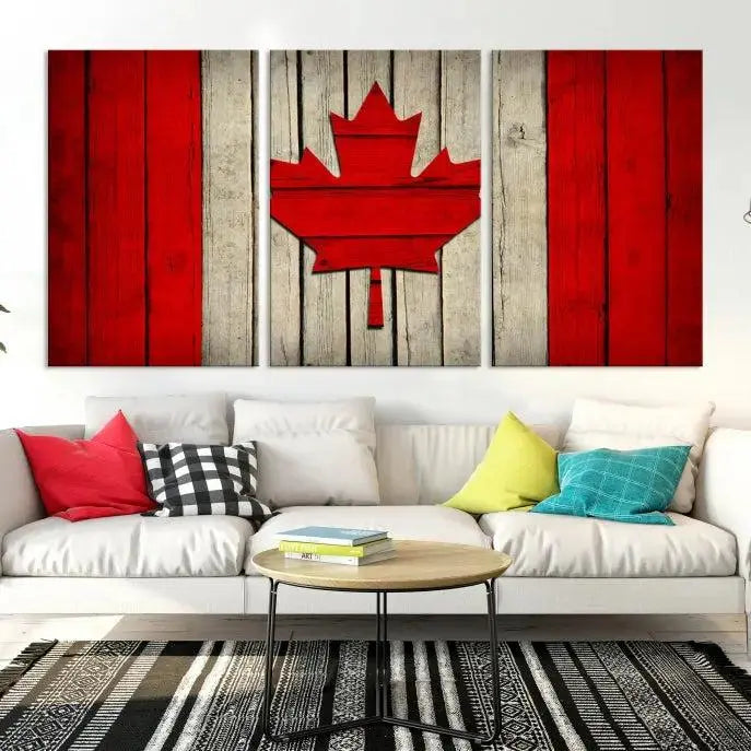 The Wall Art Canada Flag Canvas Print, featuring a UV-protective coating, is elegantly displayed.