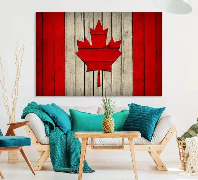 The Wall Art Canada Flag Canvas Print, featuring a UV-protective coating, is elegantly displayed.