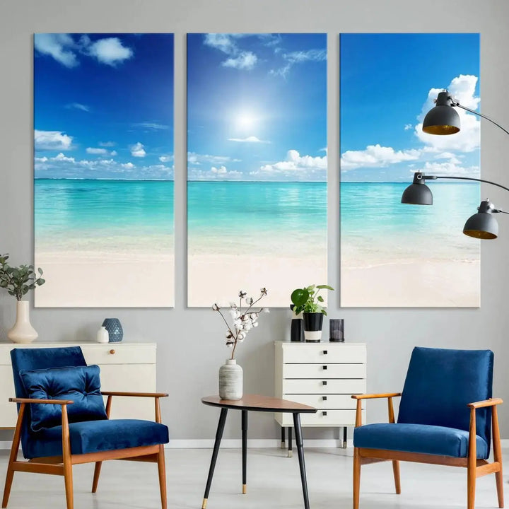 A contemporary living room showcasing the Wall Art Canvas Light Blue Beach and Ocean View.