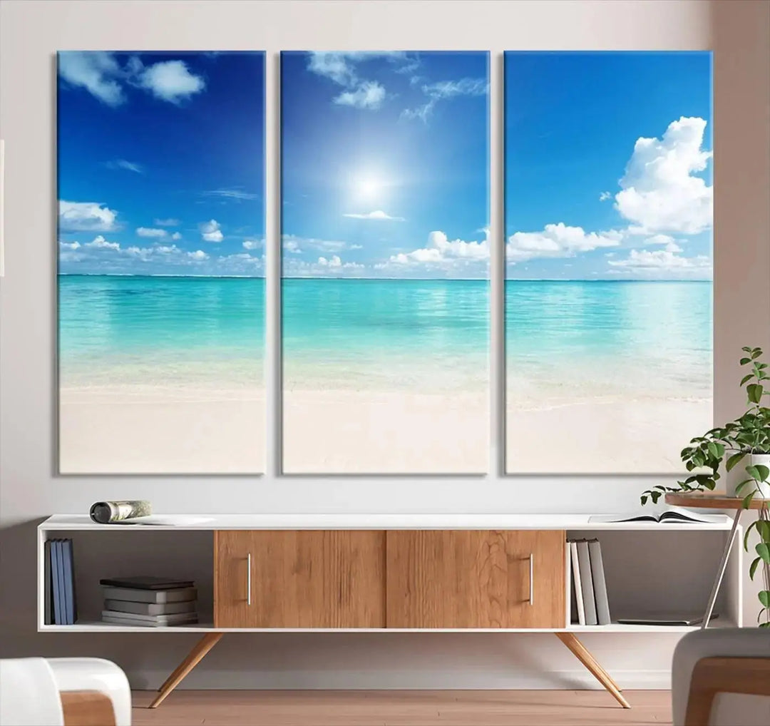 A contemporary living room showcasing the Wall Art Canvas Light Blue Beach and Ocean View.