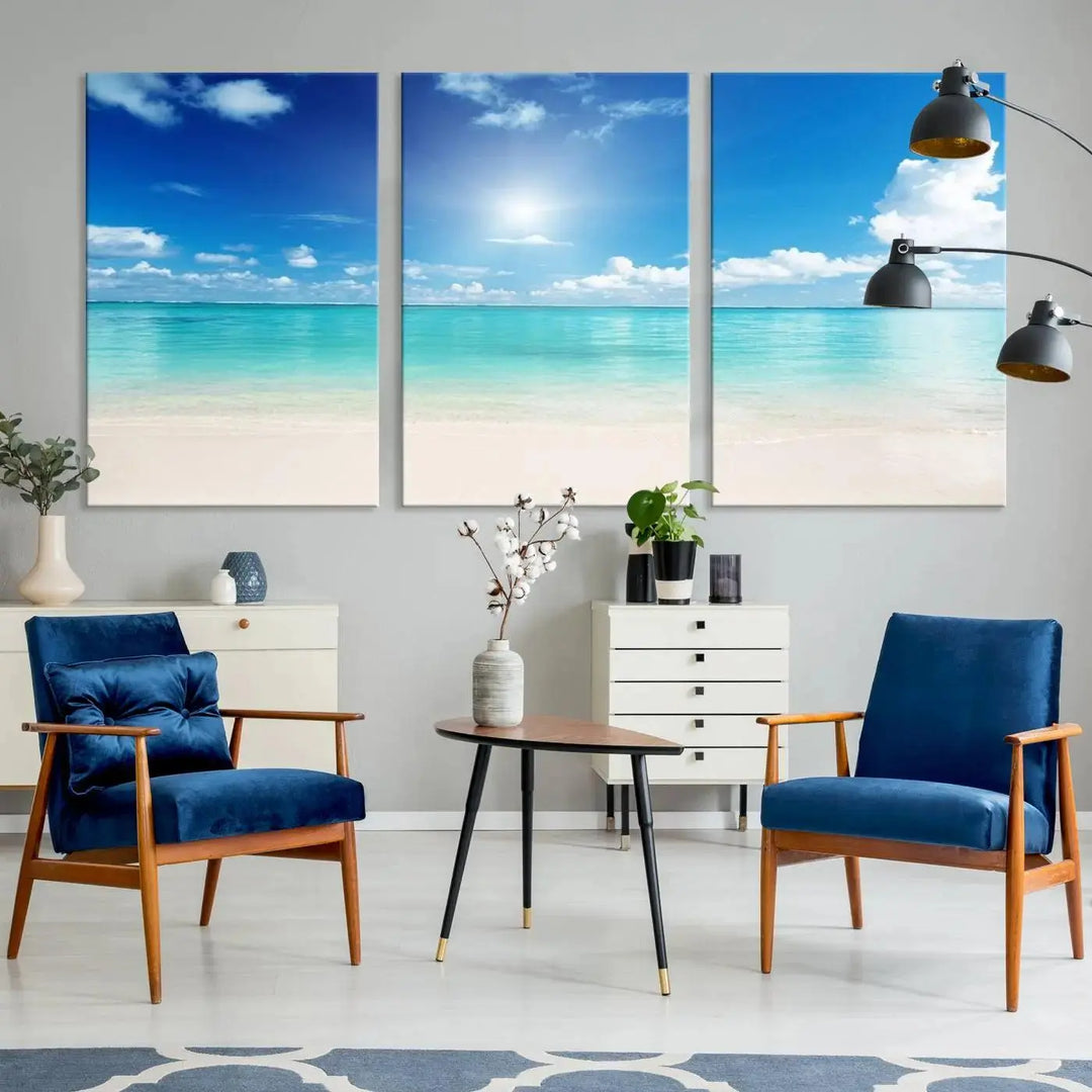 A contemporary living room showcasing the Wall Art Canvas Light Blue Beach and Ocean View.