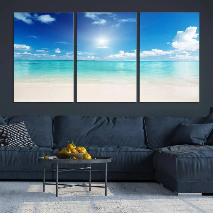 A contemporary living room showcasing the Wall Art Canvas Light Blue Beach and Ocean View.