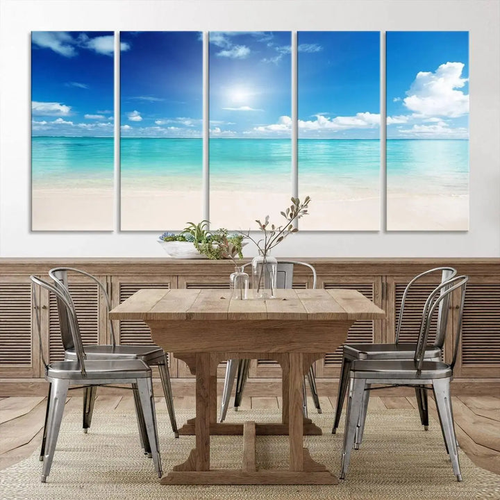 A contemporary living room showcasing the Wall Art Canvas Light Blue Beach and Ocean View.