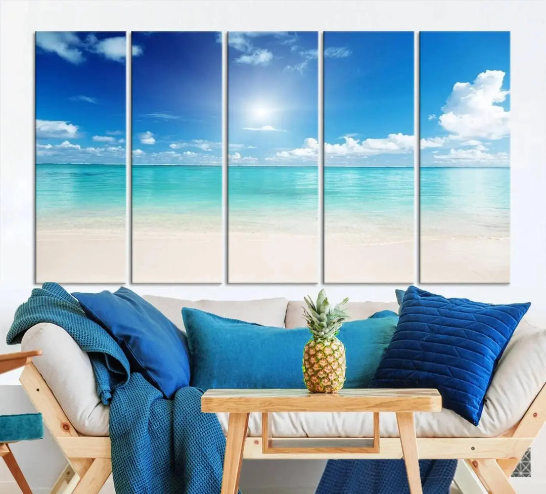 A contemporary living room showcasing the Wall Art Canvas Light Blue Beach and Ocean View.