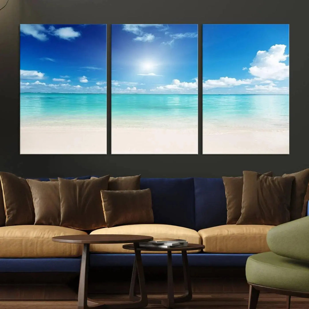 A contemporary living room showcasing the Wall Art Canvas Light Blue Beach and Ocean View.