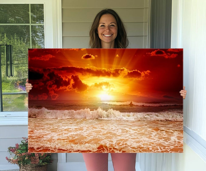 Wall Art Canvas Perfect Sunset Turns Colour of Sea and Sky to Red