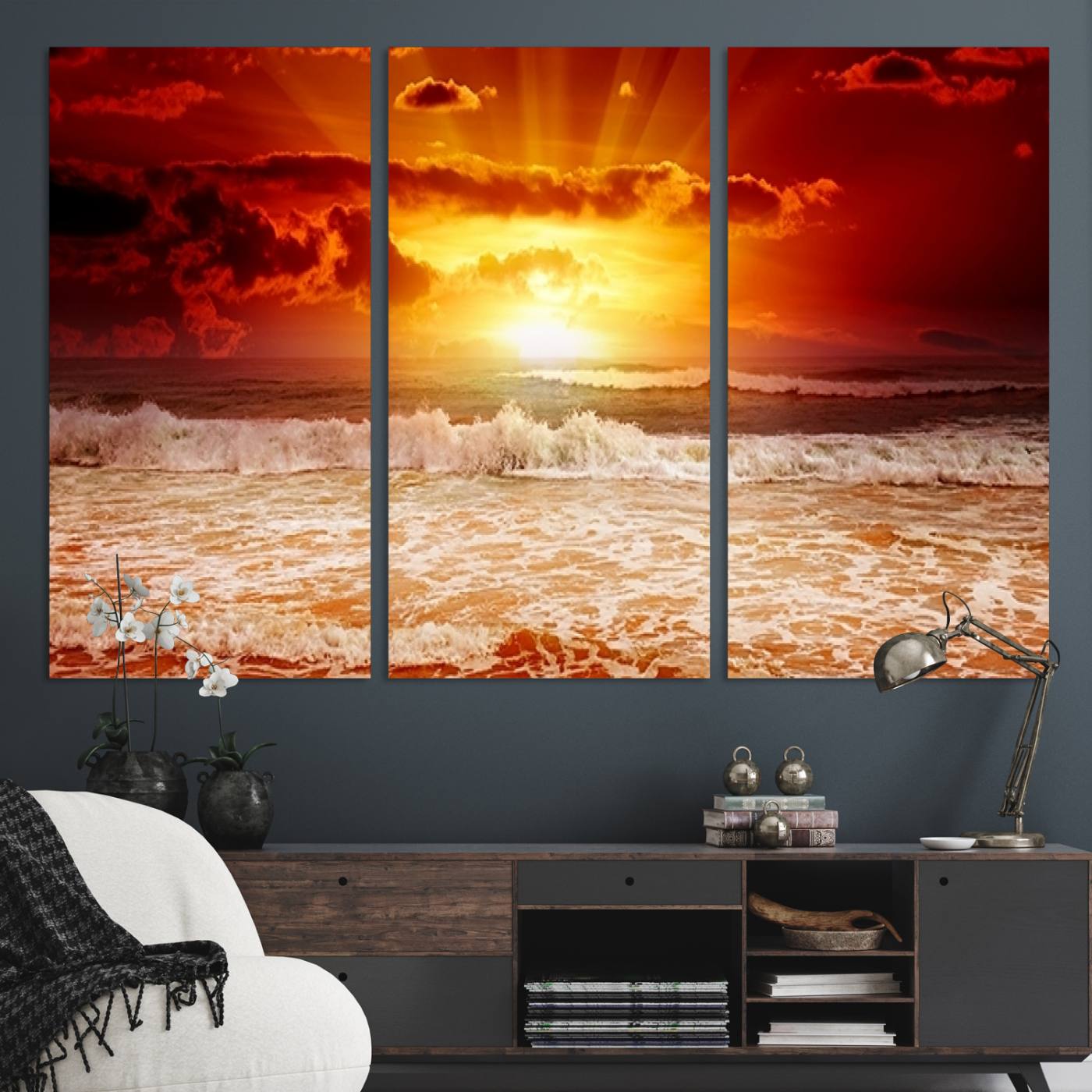 21012-MGV-CV-48X32-3P-Wall Art Canvas Perfect Sunset Turns Colour of Sea and Sky to Red