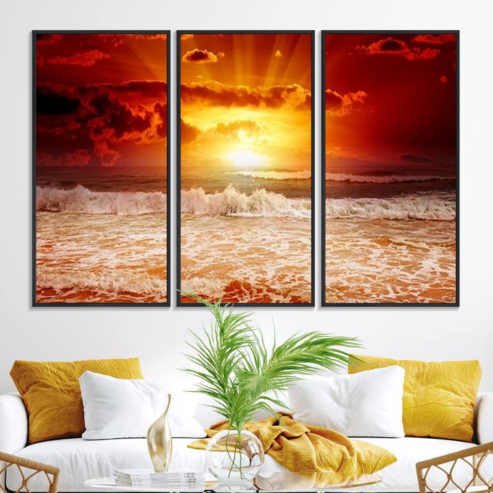 21012-MGV-FC-48X32-3P_Black-Wall Art Canvas Perfect Sunset Turns Colour of Sea and Sky to Red