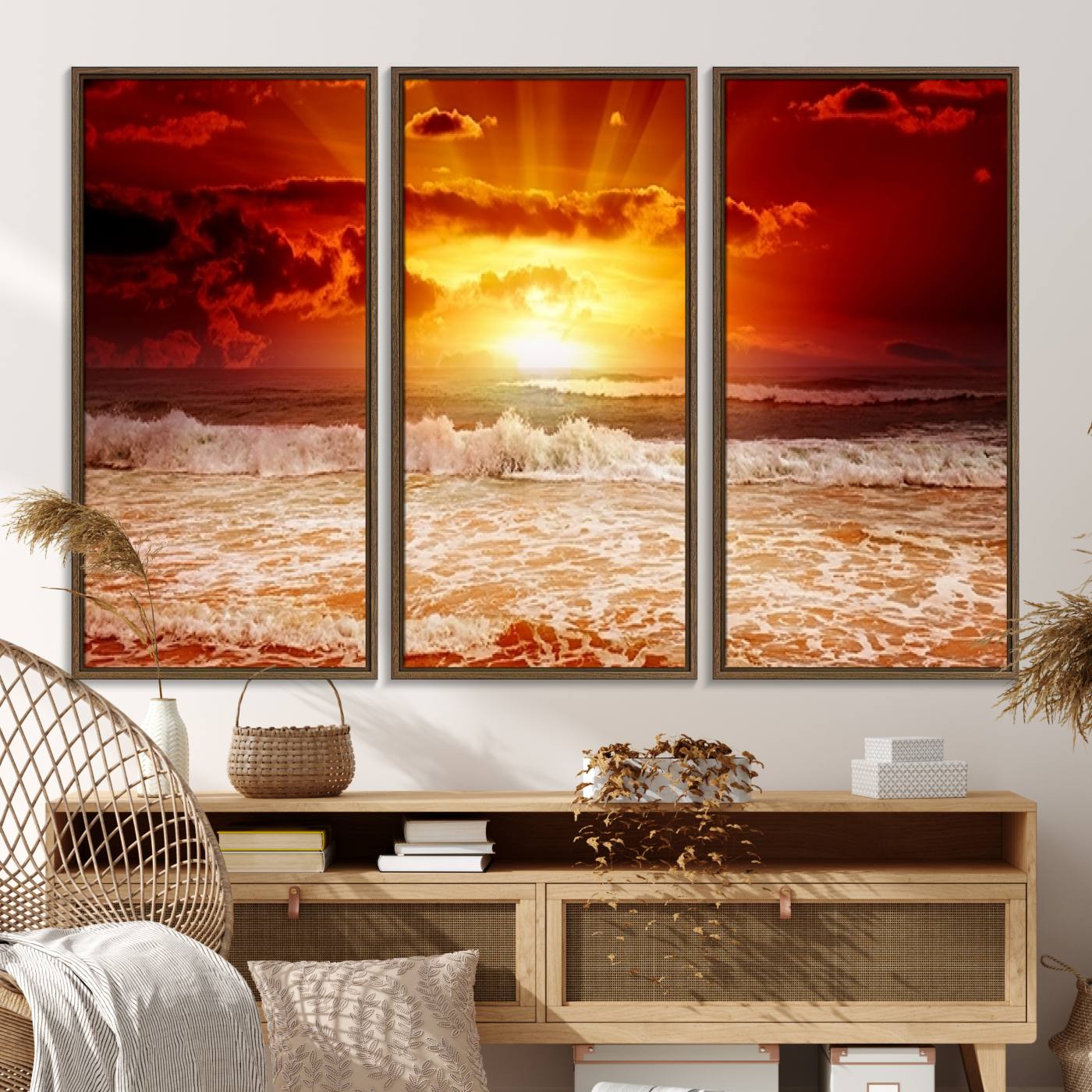 21012-MGV-FC-48X32-3P_Walnut-Wall Art Canvas Perfect Sunset Turns Colour of Sea and Sky to Red
