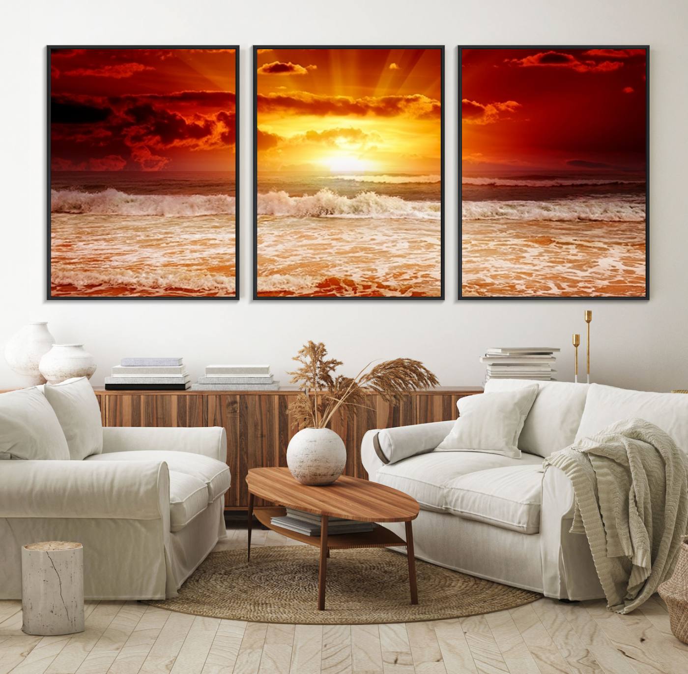 21012-MGV-FC-60X30-3P_Black-Wall Art Canvas Perfect Sunset Turns Colour of Sea and Sky to Red