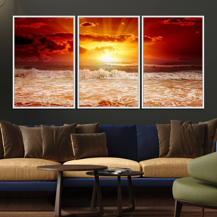 21012-MGV-FC-60X30-3P_White-Wall Art Canvas Perfect Sunset Turns Colour of Sea and Sky to Red
