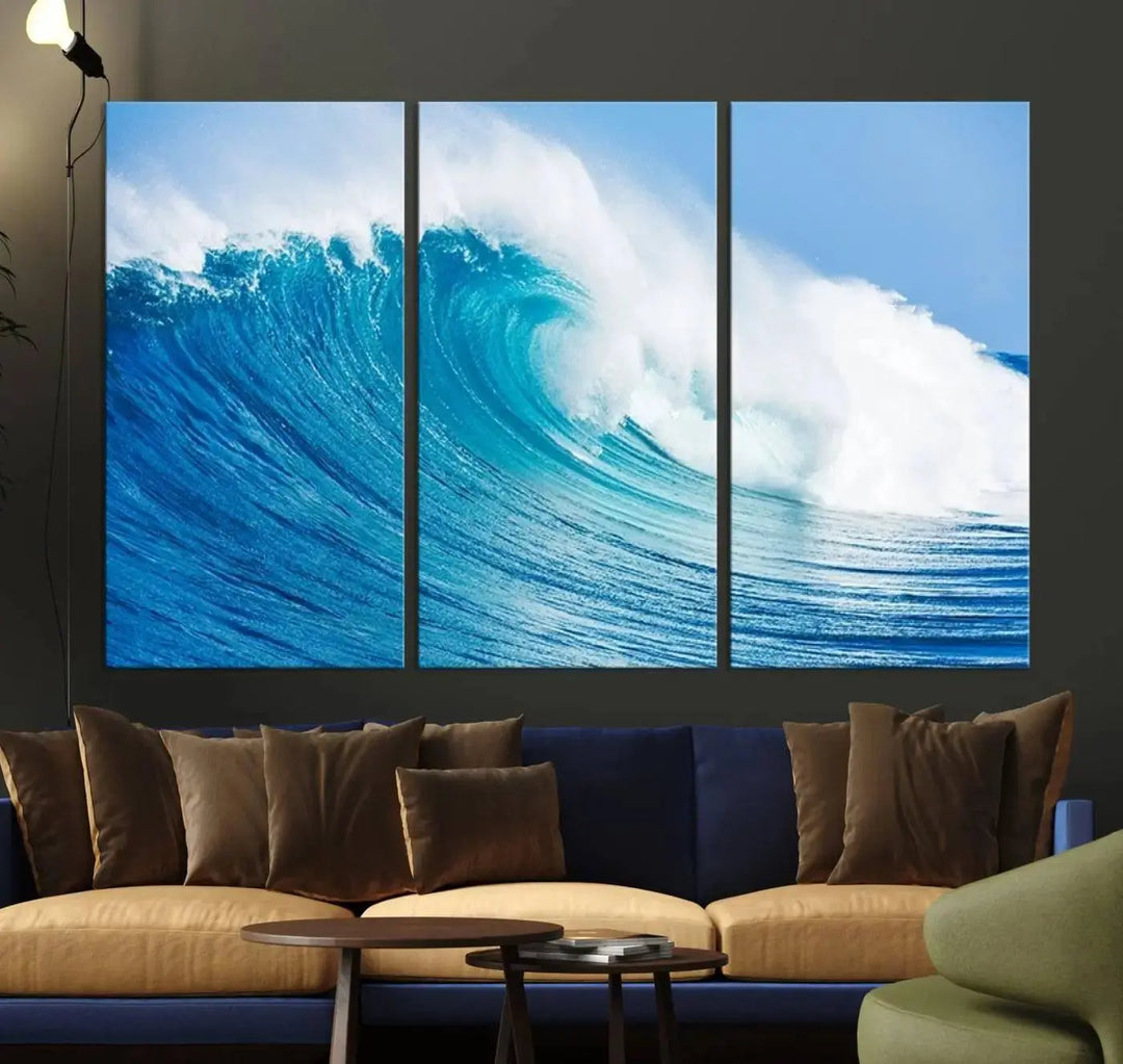 The "Wall Art Canvas Print Bright Wave on Ocean Surfing Wave Wall Art" is displayed as a triptych of ocean waves on museum-quality canvases.