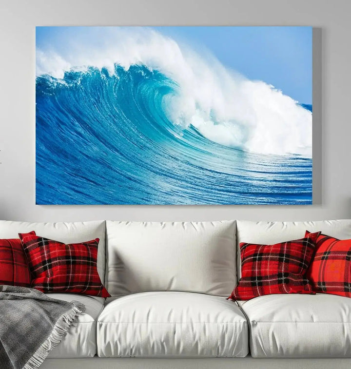 The "Wall Art Canvas Print Bright Wave on Ocean Surfing Wave Wall Art" is displayed as a triptych of ocean waves on museum-quality canvases.