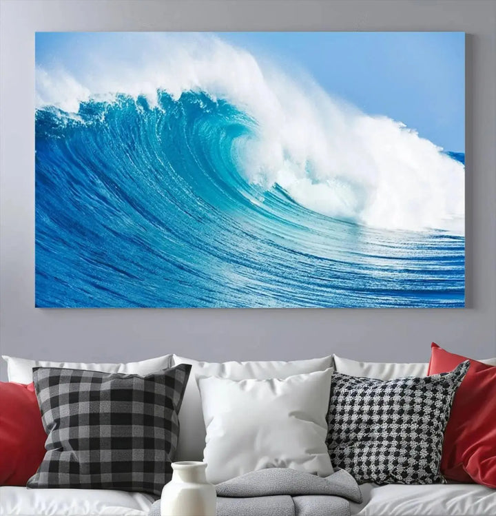 The "Wall Art Canvas Print Bright Wave on Ocean Surfing Wave Wall Art" is displayed as a triptych of ocean waves on museum-quality canvases.