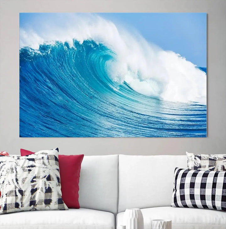 The "Wall Art Canvas Print Bright Wave on Ocean Surfing Wave Wall Art" is displayed as a triptych of ocean waves on museum-quality canvases.