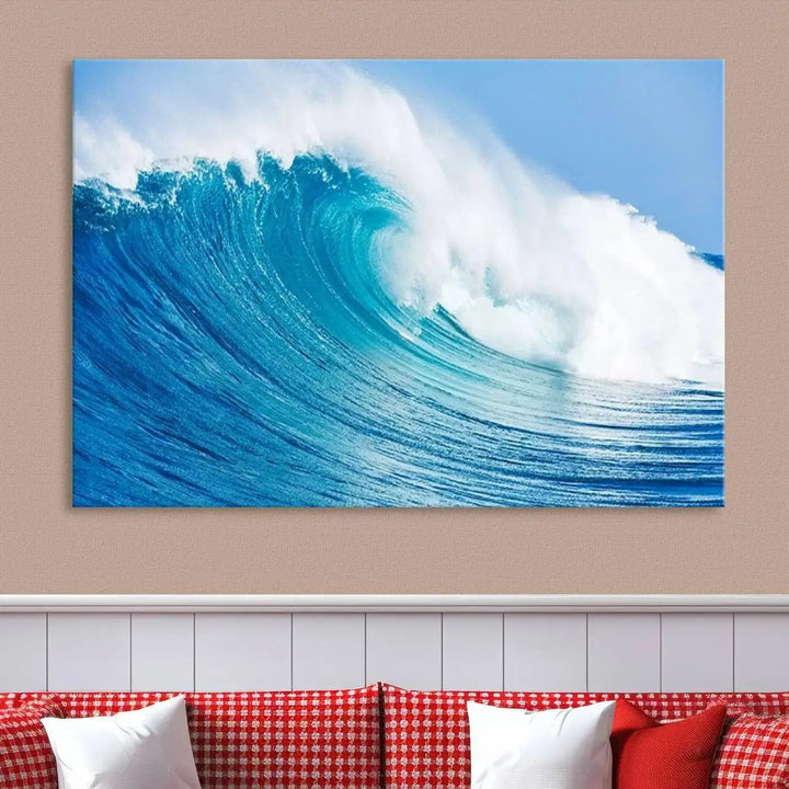 The "Wall Art Canvas Print Bright Wave on Ocean Surfing Wave Wall Art" is displayed as a triptych of ocean waves on museum-quality canvases.