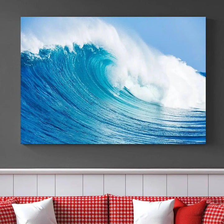 The "Wall Art Canvas Print Bright Wave on Ocean Surfing Wave Wall Art" is displayed as a triptych of ocean waves on museum-quality canvases.