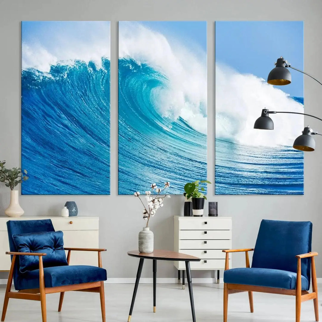 The "Wall Art Canvas Print Bright Wave on Ocean Surfing Wave Wall Art" is displayed as a triptych of ocean waves on museum-quality canvases.