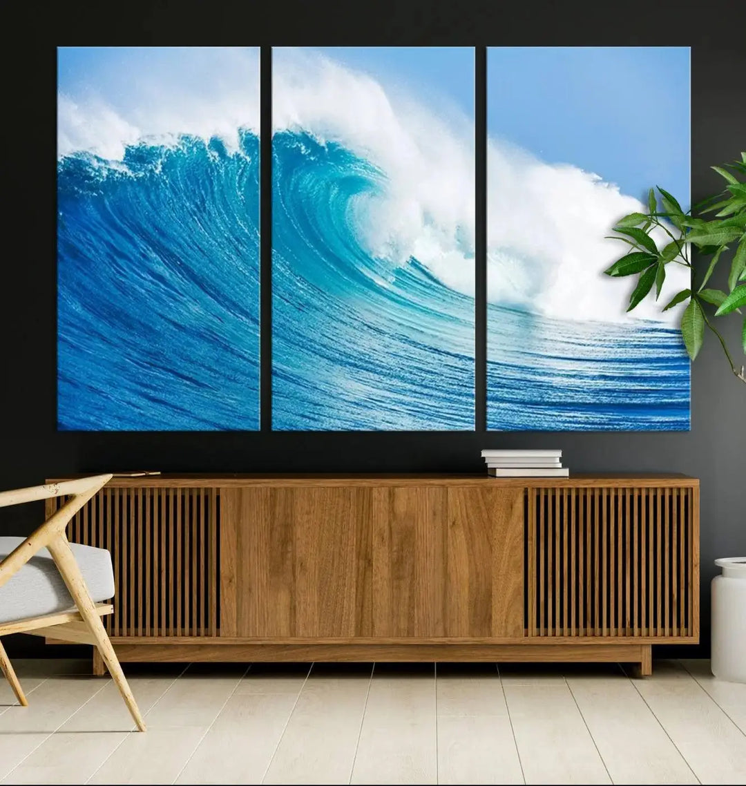 The "Wall Art Canvas Print Bright Wave on Ocean Surfing Wave Wall Art" is displayed as a triptych of ocean waves on museum-quality canvases.