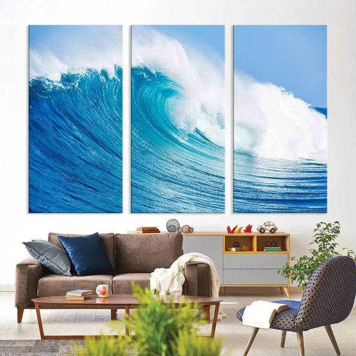 The "Wall Art Canvas Print Bright Wave on Ocean Surfing Wave Wall Art" is displayed as a triptych of ocean waves on museum-quality canvases.