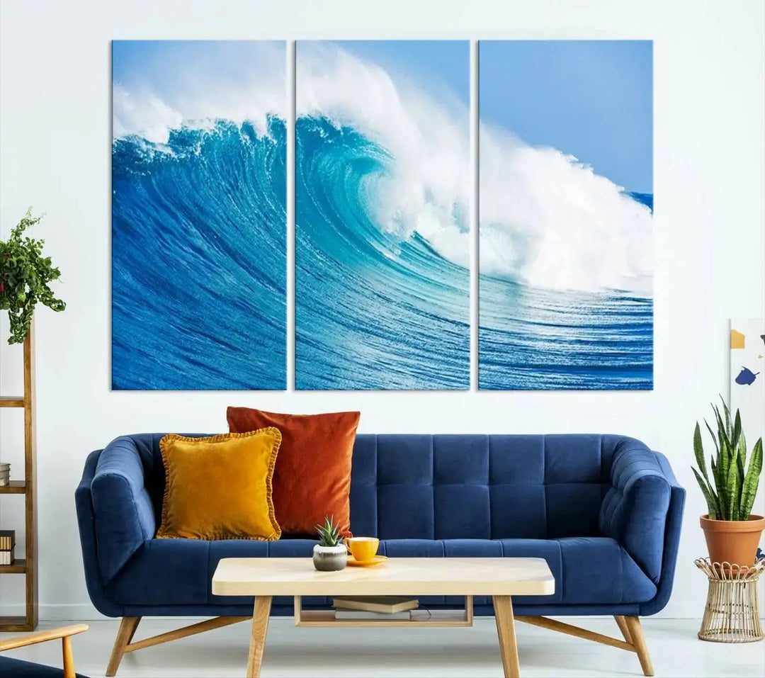 The "Wall Art Canvas Print Bright Wave on Ocean Surfing Wave Wall Art" is displayed as a triptych of ocean waves on museum-quality canvases.