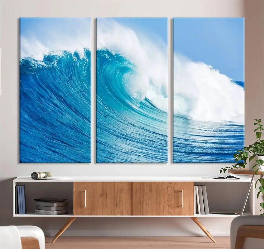 The "Wall Art Canvas Print Bright Wave on Ocean Surfing Wave Wall Art" is displayed as a triptych of ocean waves on museum-quality canvases.