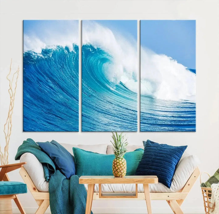 The "Wall Art Canvas Print Bright Wave on Ocean Surfing Wave Wall Art" is displayed as a triptych of ocean waves on museum-quality canvases.