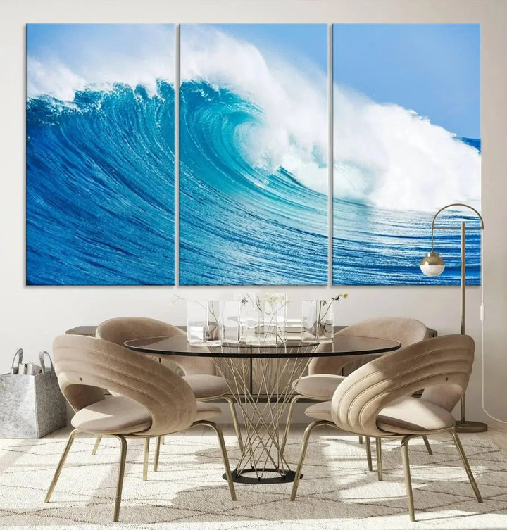 The "Wall Art Canvas Print Bright Wave on Ocean Surfing Wave Wall Art" is displayed as a triptych of ocean waves on museum-quality canvases.