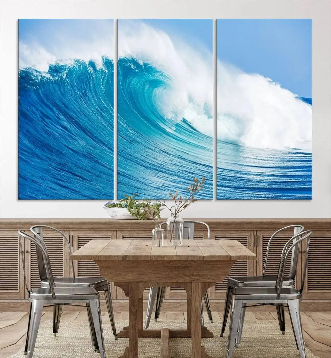 The "Wall Art Canvas Print Bright Wave on Ocean Surfing Wave Wall Art" is displayed as a triptych of ocean waves on museum-quality canvases.