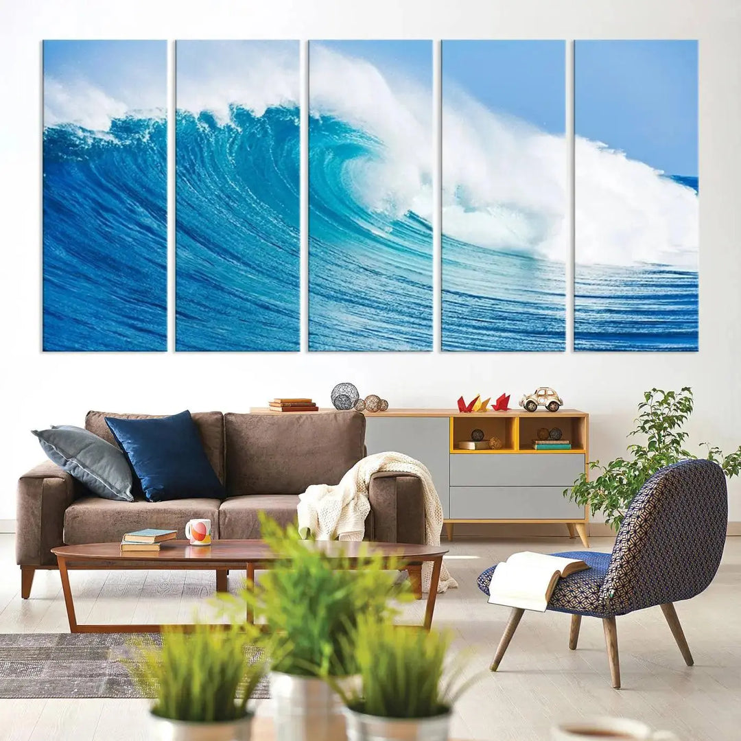 The "Wall Art Canvas Print Bright Wave on Ocean Surfing Wave Wall Art" is displayed as a triptych of ocean waves on museum-quality canvases.