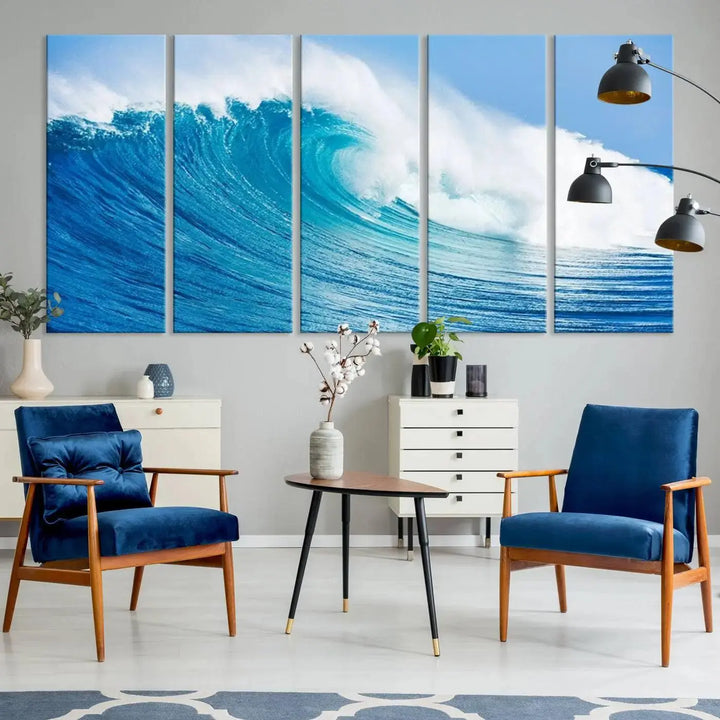 The "Wall Art Canvas Print Bright Wave on Ocean Surfing Wave Wall Art" is displayed as a triptych of ocean waves on museum-quality canvases.