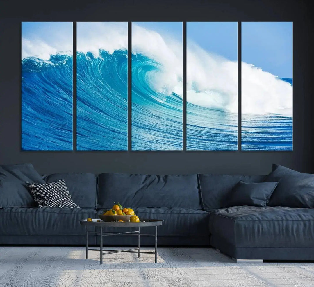 The "Wall Art Canvas Print Bright Wave on Ocean Surfing Wave Wall Art" is displayed as a triptych of ocean waves on museum-quality canvases.