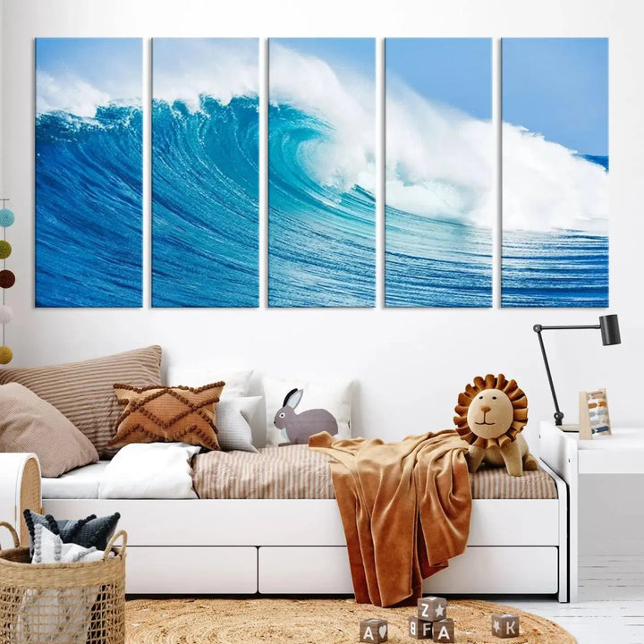 The "Wall Art Canvas Print Bright Wave on Ocean Surfing Wave Wall Art" is displayed as a triptych of ocean waves on museum-quality canvases.